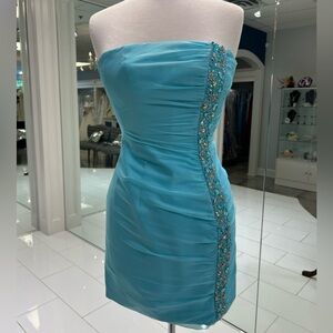 Strapless Blue Dress with Beaded Detail